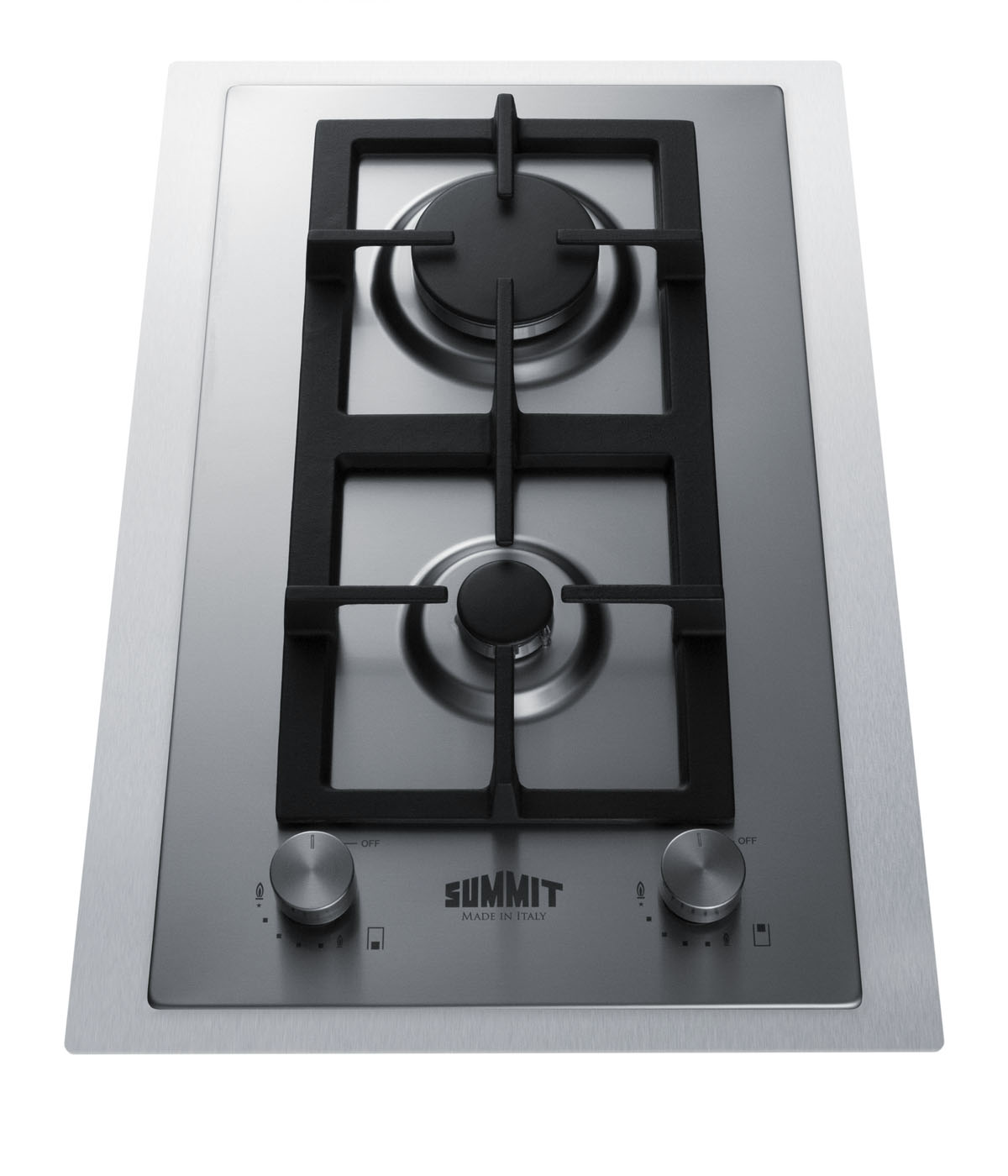2-burner gas cooktop made in Italy with sealed burners, multiple heating outputs, 304 grade stainless steel surface, and stainless steel trim kit to cover 15